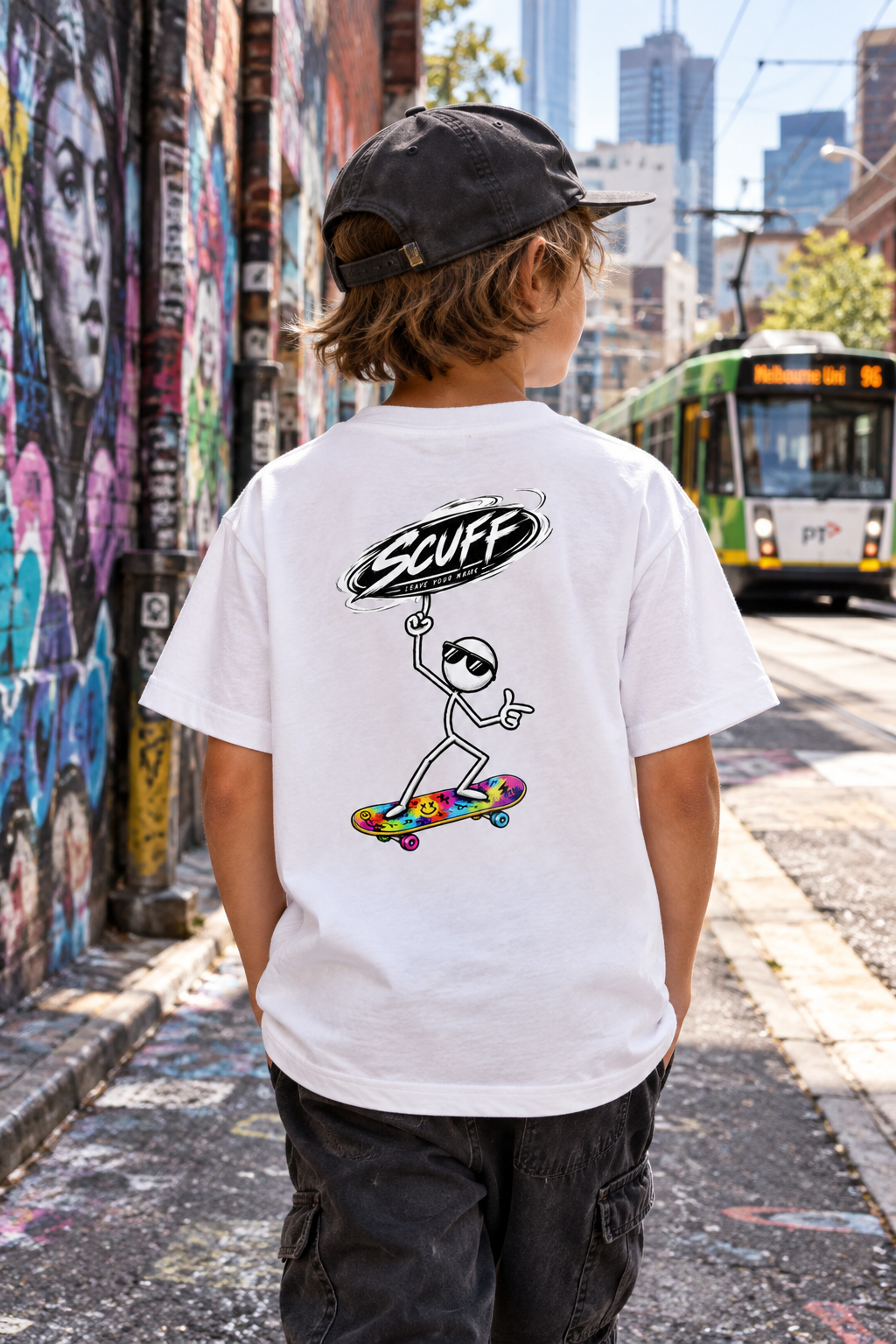 Child from behind in Melbourne laneway wearing Kids Stick Rider T-Shirt