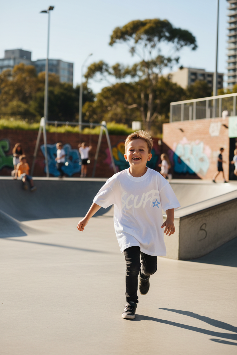 Child wearing SCUFF Kids Wolf Star T-Shirt running at a skate park, urban lifestyle shot