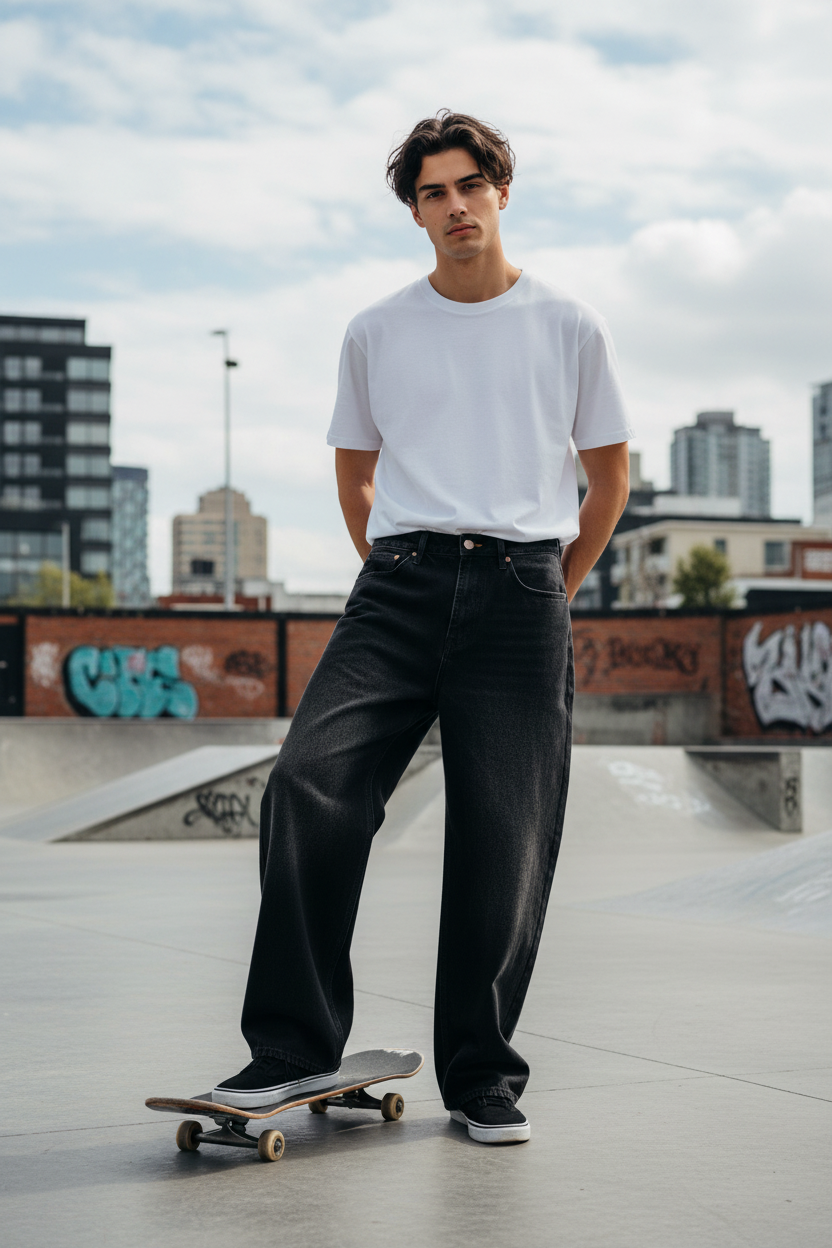 Model wearing SCUFF Wolf Mascot Jeans wide-leg baggy washed black denim at a skate park, urban streetwear lifestyle shot
