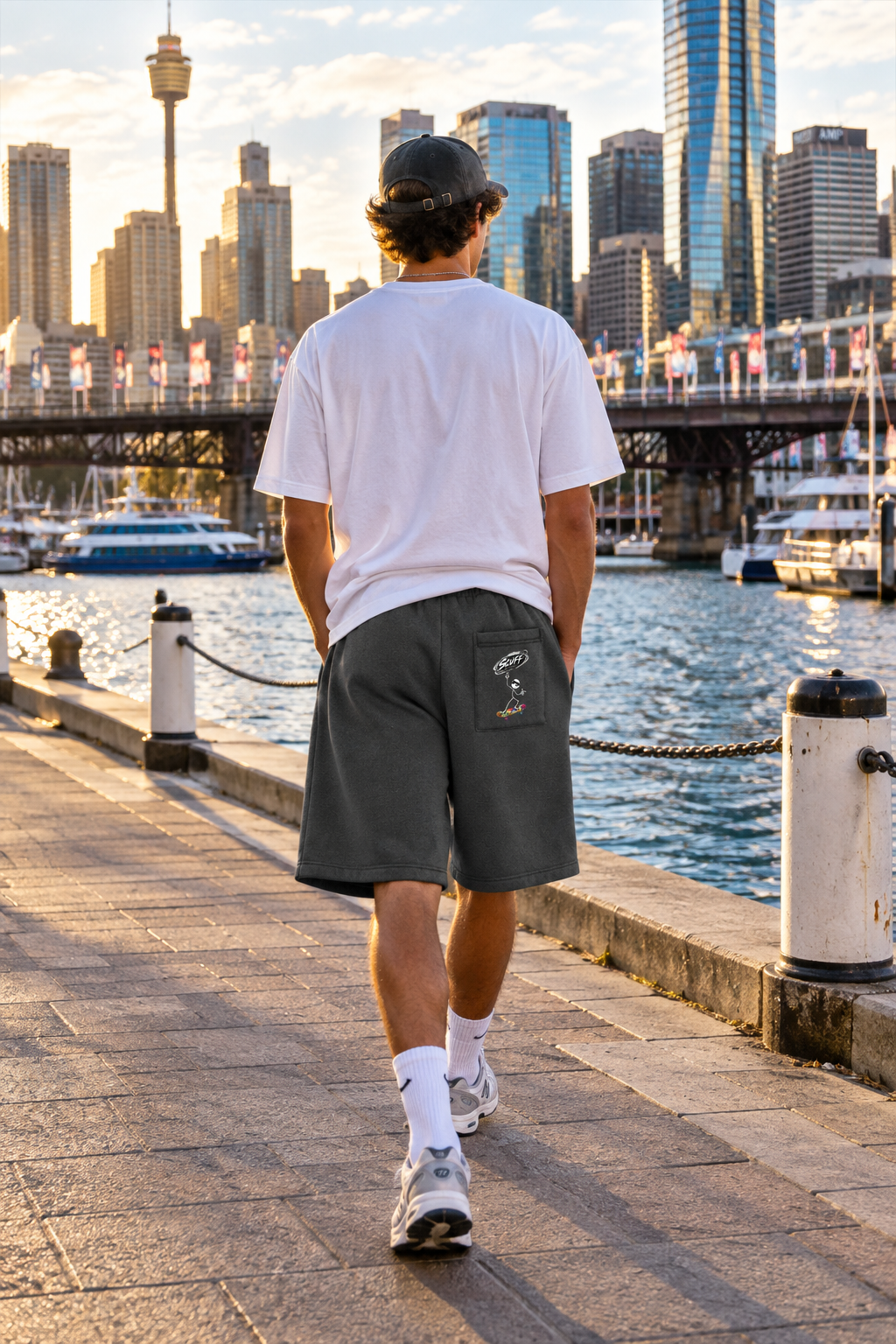 Man seen from behind wearing charcoal SCUFF Stick Rider Fleece Shorts on the Darling Harbour waterfront in Sydney