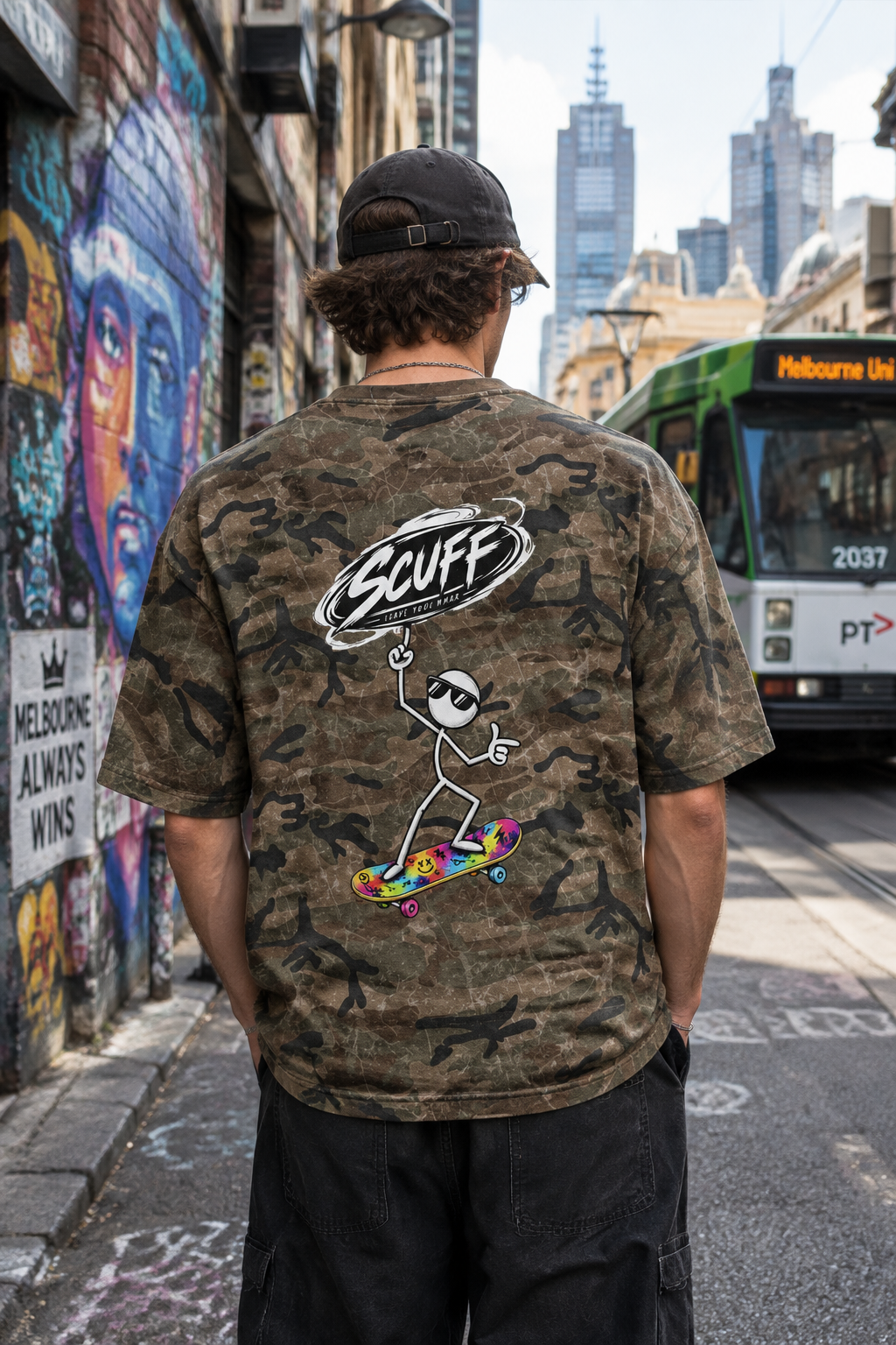Model from behind in Melbourne laneway wearing Camo Print Stick Rider T-Shirt
