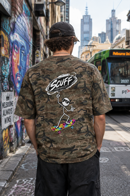 Model from behind in Melbourne laneway wearing Camo Print Stick Rider T-Shirt