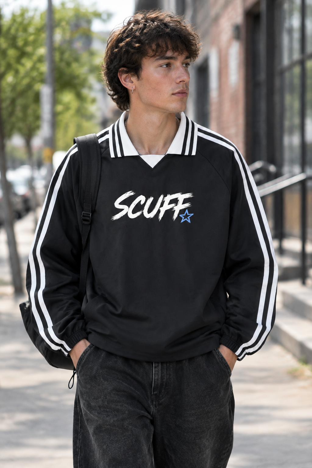 Model wearing Stick Rider Collar Sweatshirt