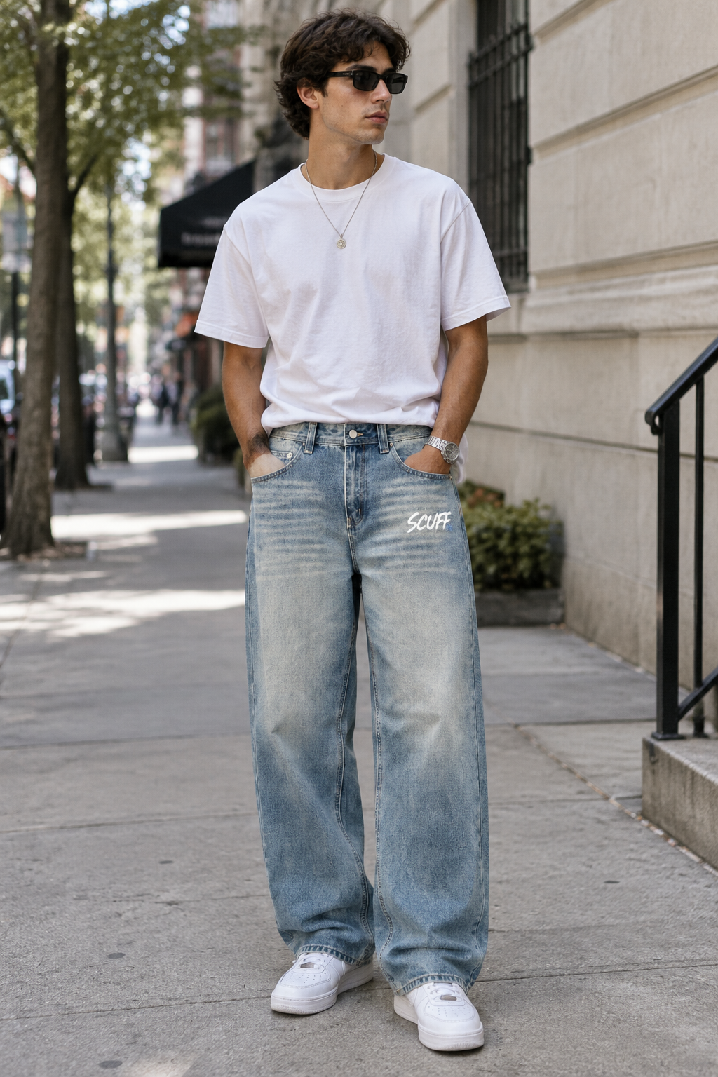 Model wearing Stick Rider Jeans