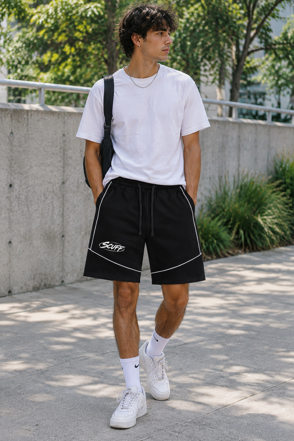 Model wearing Stick Rider Piping Shorts