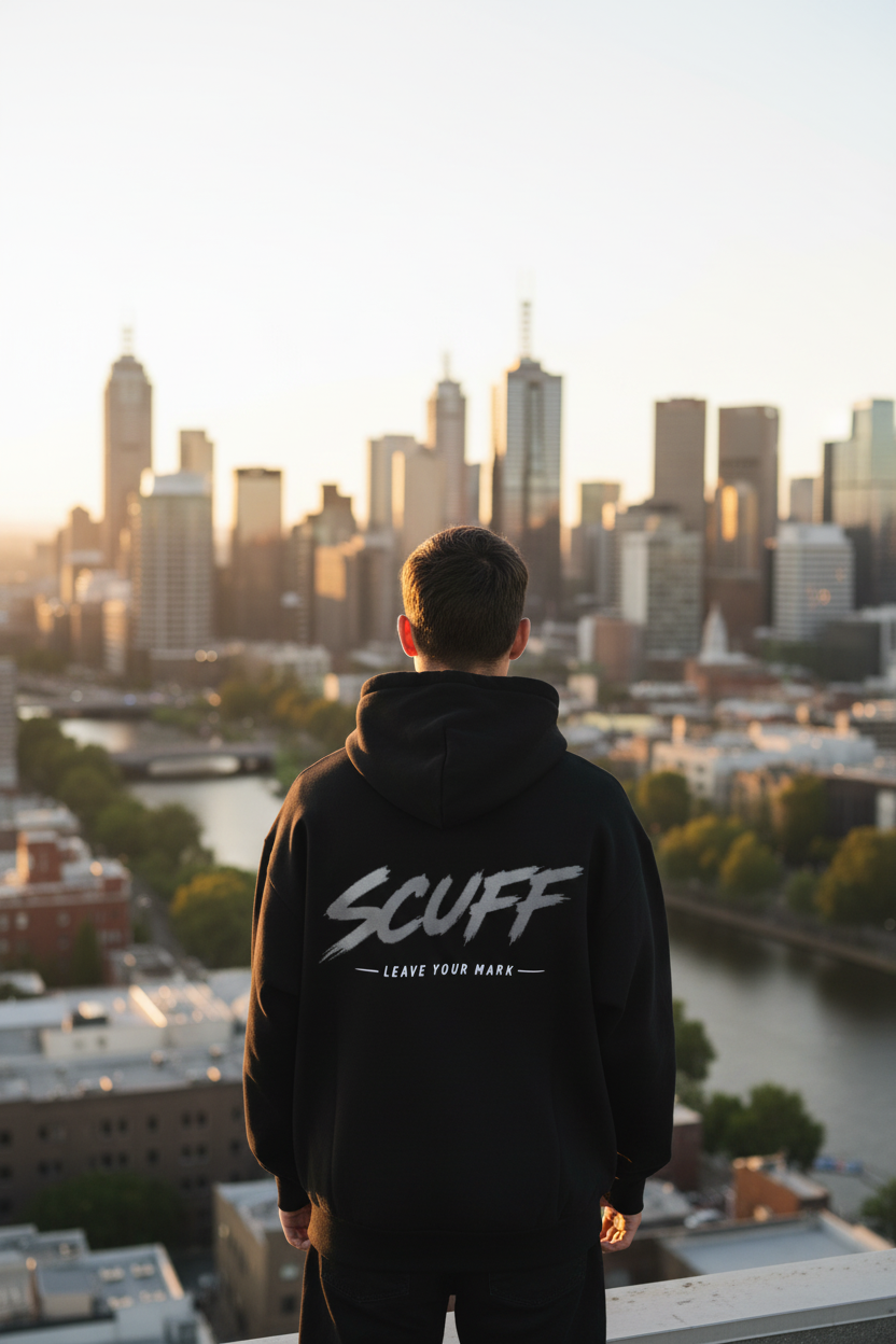 SCUFF Oversized Hoodie – Melbourne Rooftop Back Shot